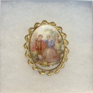 Vintage 1950s Fragonard Brooch Pin Gold Tone/Porcelain